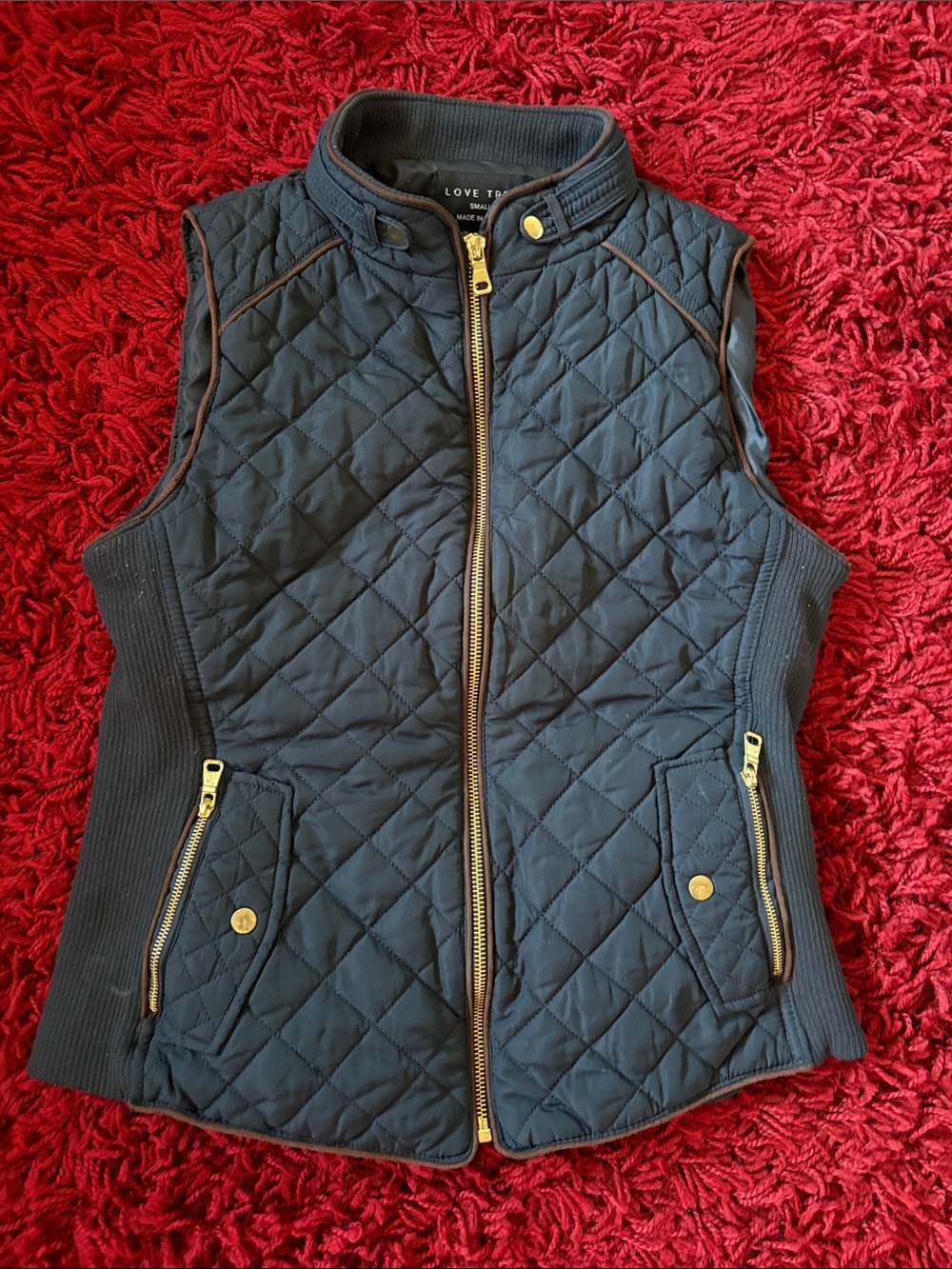 Love Tree Quilted Navy Vest with Gold Hardware